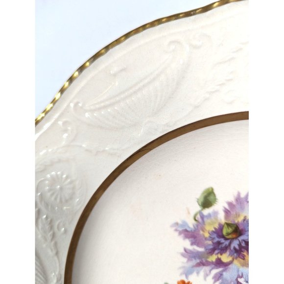 Steubenville Ivory Dinner Plate Spring Floral Embossed 10.5-in Gold Trim Vintage - Picture 5 of 6